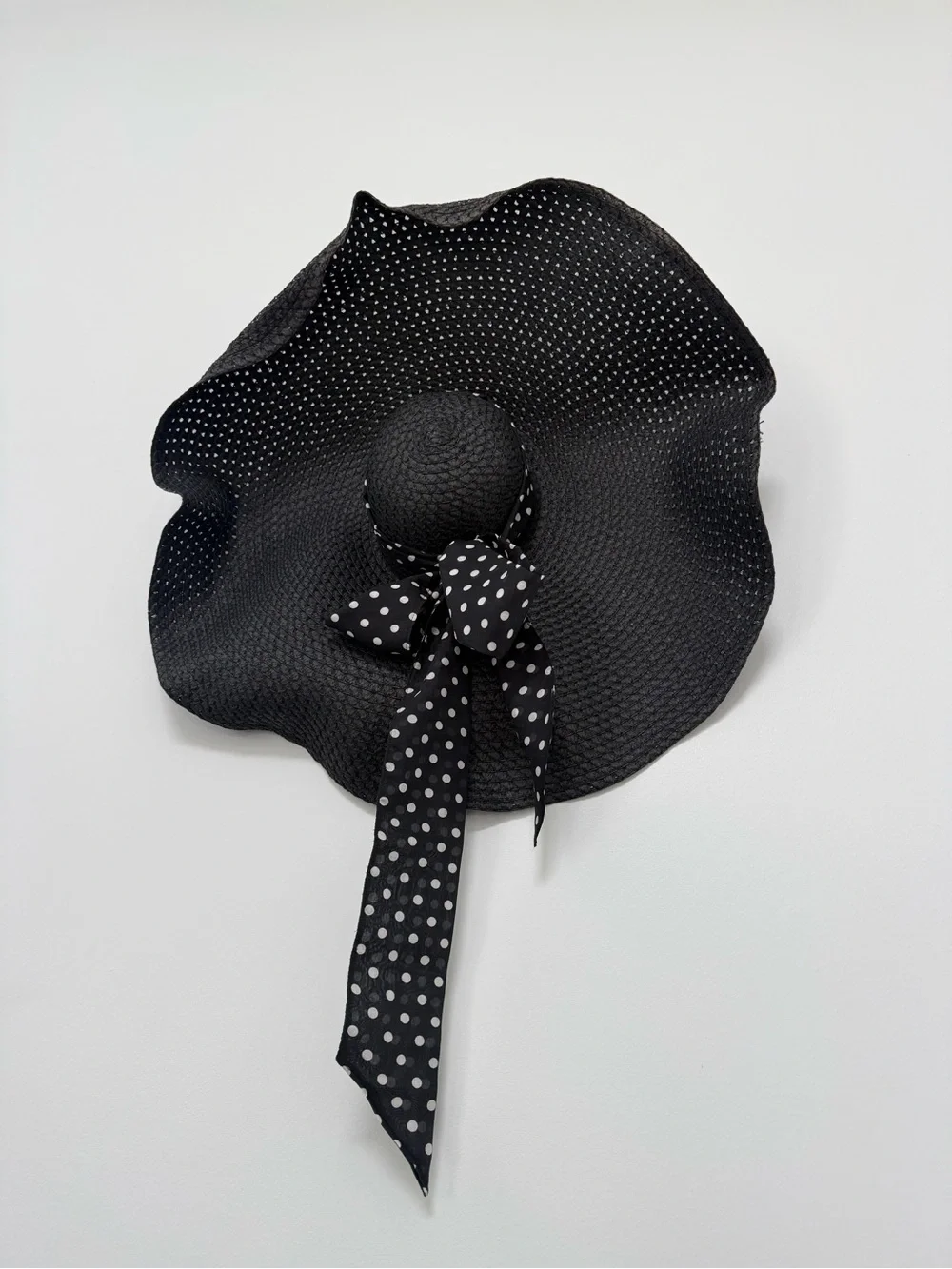 Black Wide-Brim Straw Hat with Polka Dot Bow